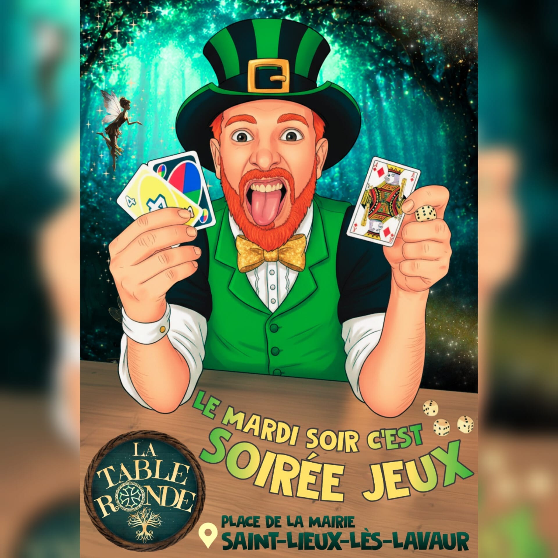Affiche avec un joueur qui tire la langue, cartes en mains